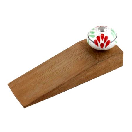 White Red Floral Crackle Ceramic Wooden Door Stopper